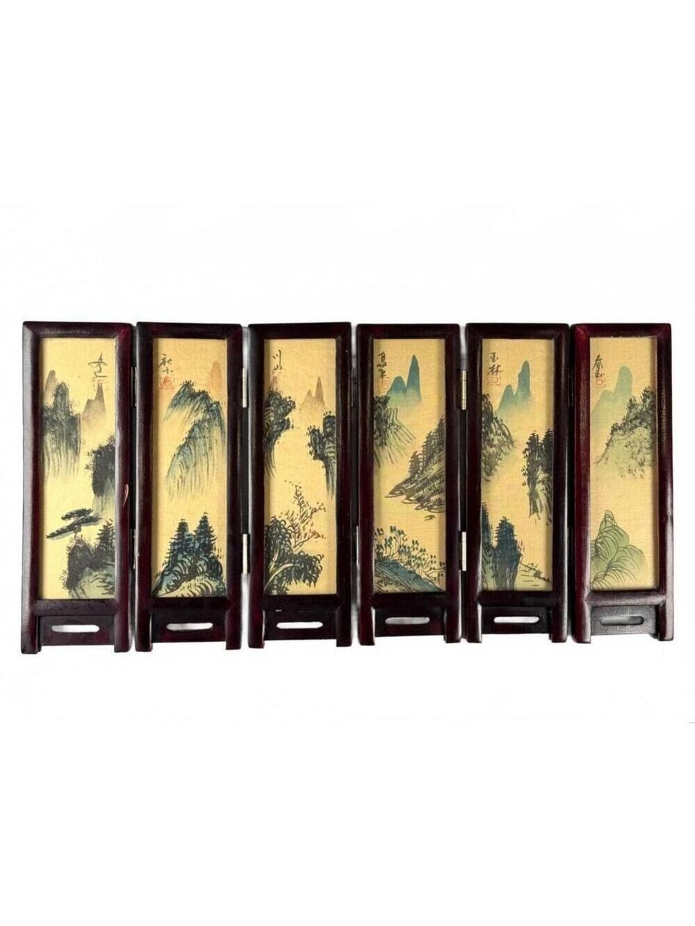 Vintage Mini Folding Screen Two-Sided China Silk Painting Birds Flowers Mountain - Picture 14 of 14